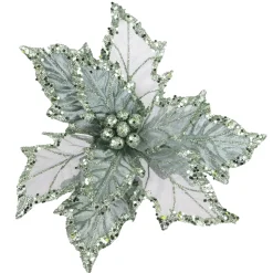 POINSETTIA HEAD GREEN SLATE 10″W/ GLITTER & CLIP