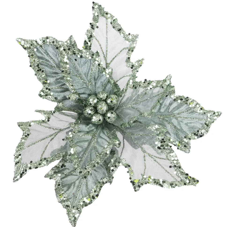 POINSETTIA HEAD GREEN SLATE 10″W/ GLITTER & CLIP
