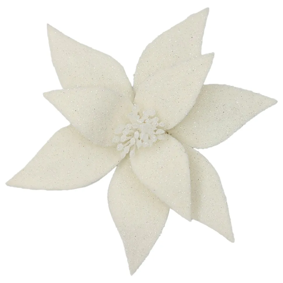 POINSETTIA HEAD IVORY 11.5″ FROSTED WOOL W/ CLIP