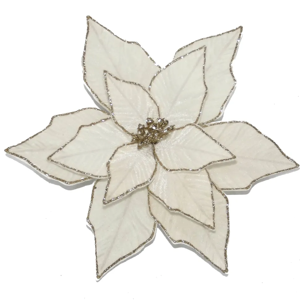 POINSETTIA HEAD IVORY 14″ W/ GOLD GLITTER EDGE W/ CLIP