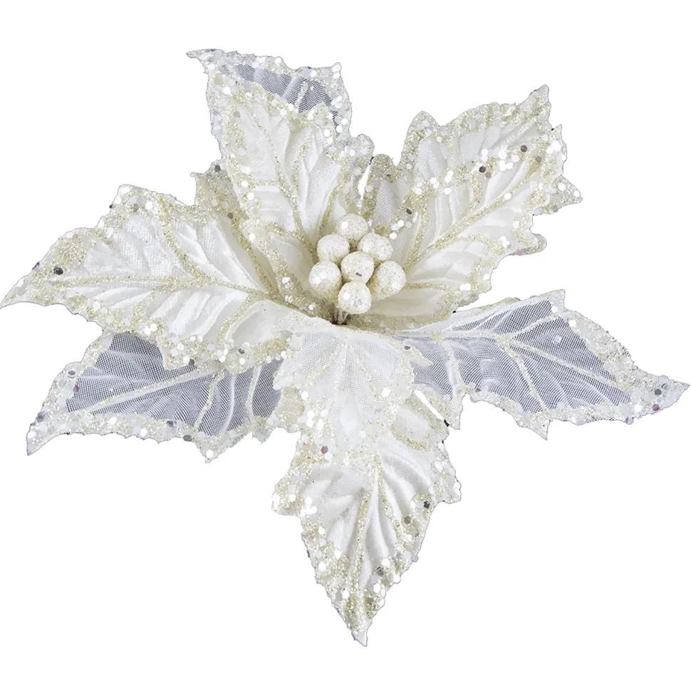 POINSETTIA HEAD IVORY 11″ W/SEQUINS BORDER & CLIP