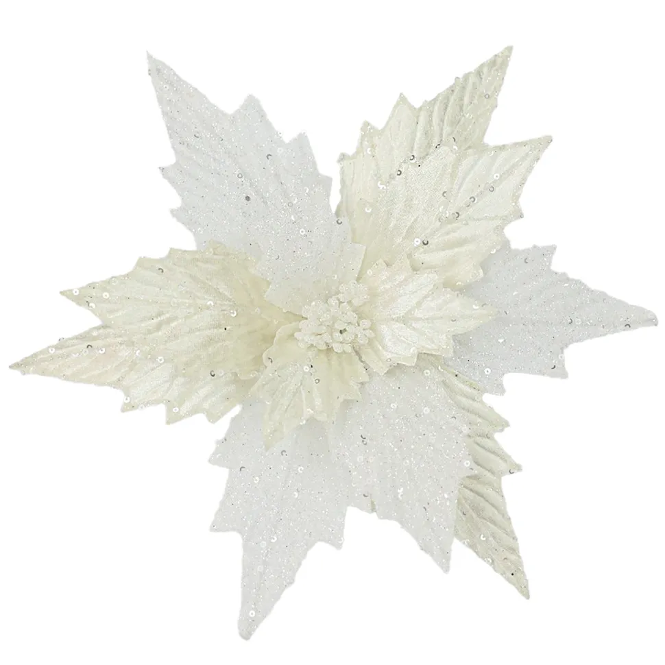 POINSETTIA HEAD IVORY /WHITE 12″ VELVET GLITTER W/ CLIP