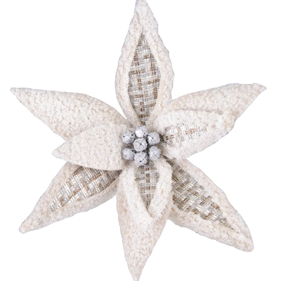 POINSETTIA HEAD NATURAL / IVORY 12″FLUFFY W/ ALTERNATE BURLAP PETALS W/ CLIP