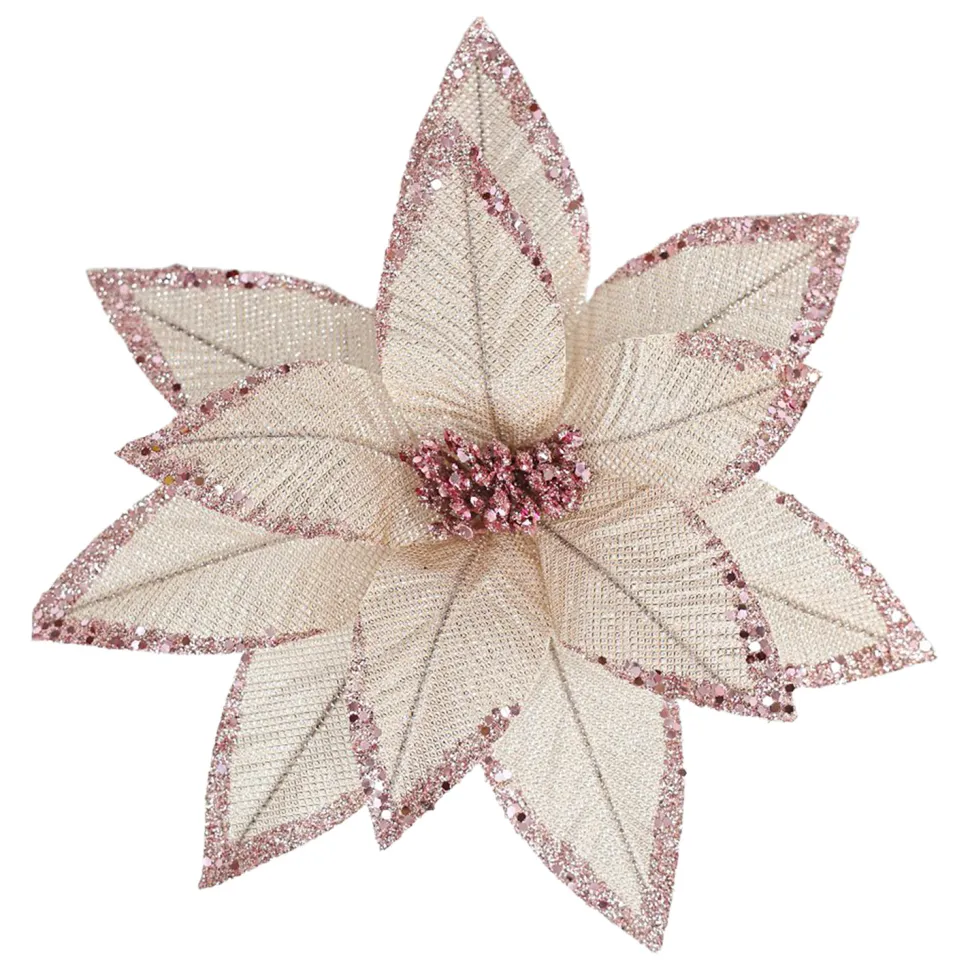 POINSETTIA HEAD PINK 12″ METALLIC/ GLITTER W/ CLIP