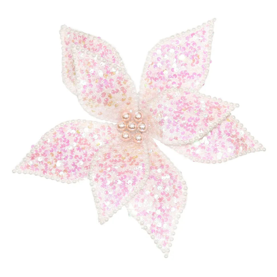 POINSETTIA HEAD PINK IRR. 12″ W/ IRIDESCENT GLITTER & CLIP
