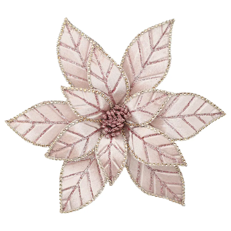 POINSETTIA HEAD PINK ROSE 11.5″ VELVET W/ CLIP