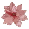 POINSETTIA HEAD PINK ROSE 10.5″ VELVET W/ GLITTER EDGE & CLIP