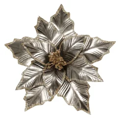 POINSETTIA HEAD PLATINUM 12″ METALLIC W/ GOLD GLITTER & CLIP
