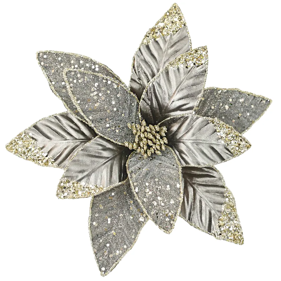 POINSETTIA HEAD PLATINUM GRAY 12.5″ LEATHER CH GLITTER W/ CLIP