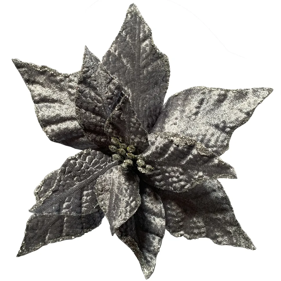 POINSETTIA HEAD PLATINUM 7.5″ VELVET W/SILVER GLITTER EDGE & CLIP