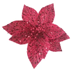 POINSETTIA HEAD RED 9″ FABRIC W/ SEQUINS & CLIP
