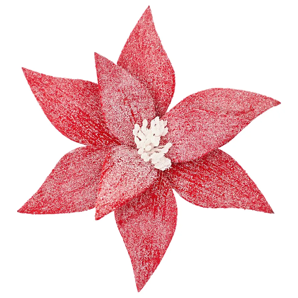POINSETTIA HEAD RED 11.5″ FROSTED WOOL W/ CLIP