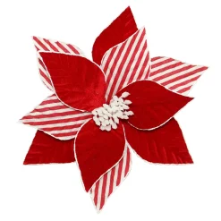 POINSETTIA HEAD RED 11.5″ VELVET W/ CANDYCANE STIPE & CLIP