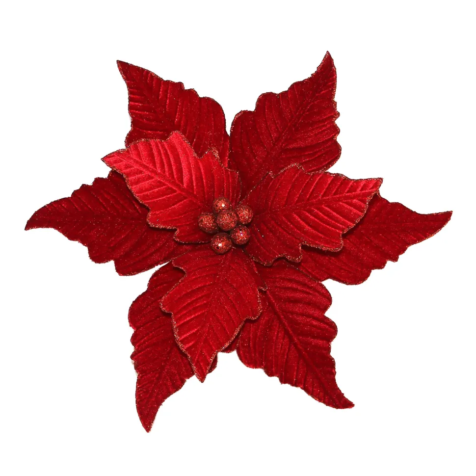 POINSETTIA HEAD RED 14″ VELVET WGLITTER & CLIP