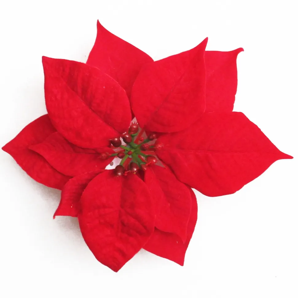 POINSETTIA HEAD RED 6.5″ VELVET WITH CLIP
