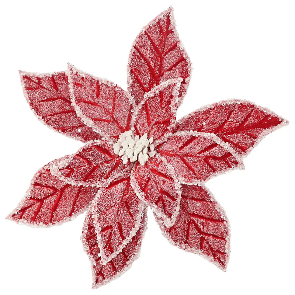 POINSETTIA HEAD RED 12″ VELVET WHITE ICE EDGE AND FROSTING W/ CLIP