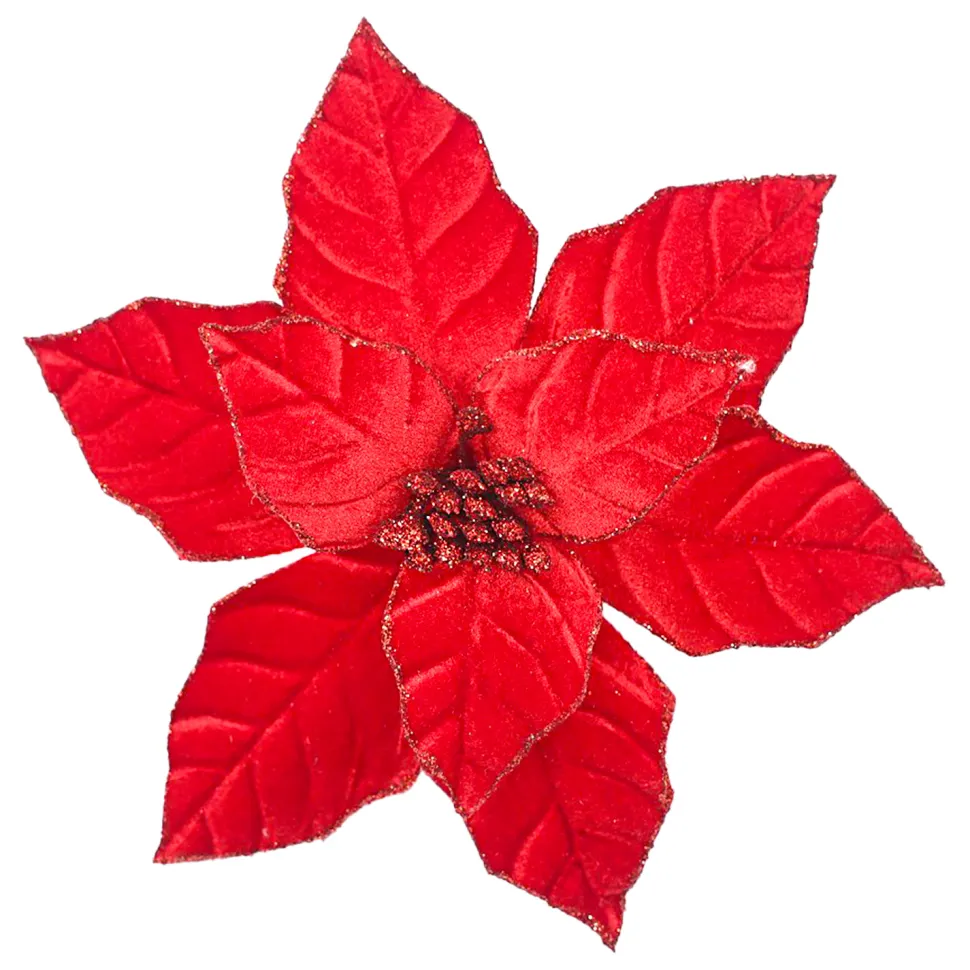 POINSETTIA HEAD RED 9.5″ VELVET W/ CLIP