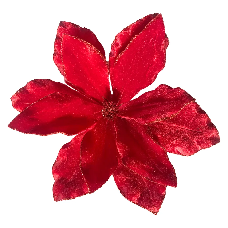 POINSETTIA HEAD RED 10.5″ VELVET W/ GLITTER EDGE & CLIP