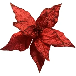 POINSETTIA HEAD RED 7.5″ VELVET W/ GLITTER EDGE & CLIP