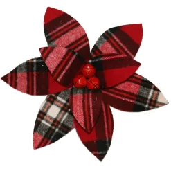 POINSETTIA HEAD RED /BLACK/WHITE 12.5 PLAID W/BELLS W/CLIP