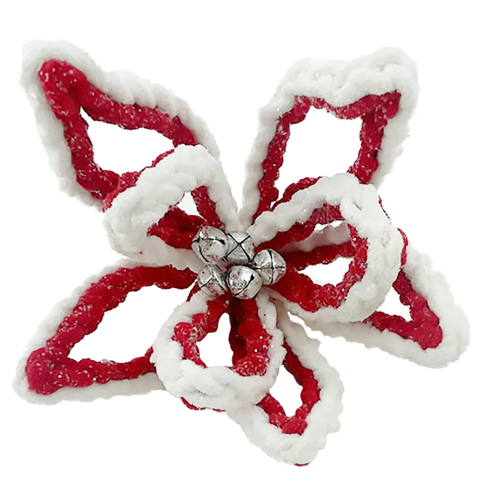 POINSETTIA HEAD RED /WHITE 8.5″ HOLLOW PETALS W/ BELLS & CLIP