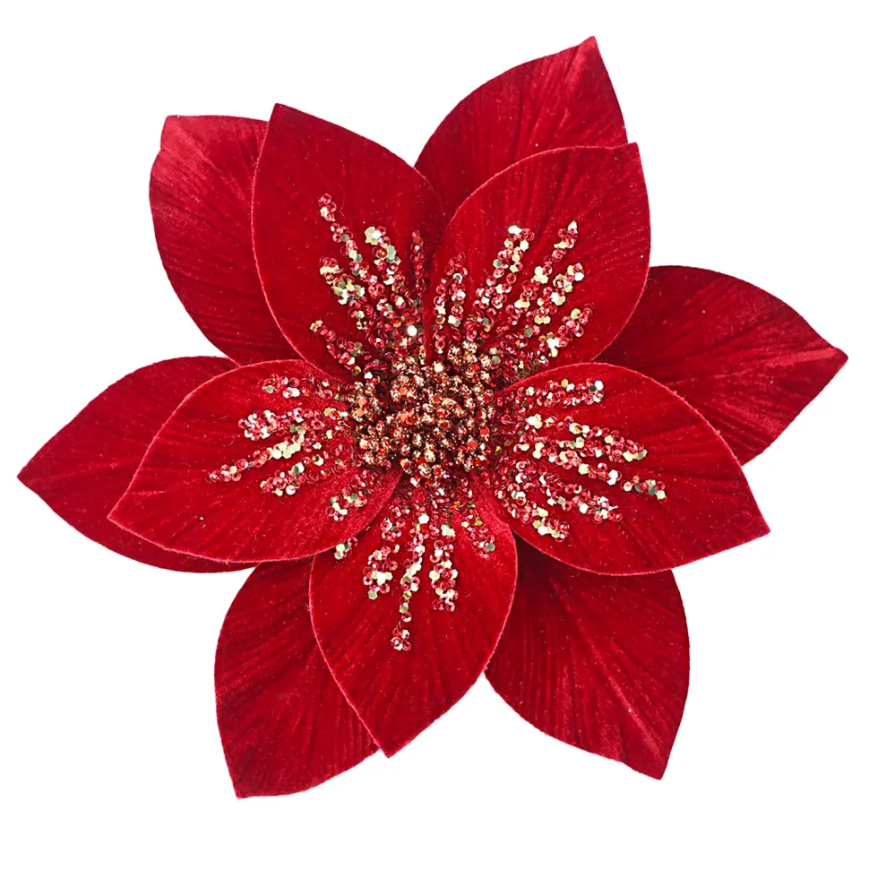 POINSETTIA HEAD RED-DARK 11.5″ VELVET W/GOLD SEQUINS W/ CLIP
