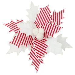 POINSETTIA HEAD RED/WHITE 10″ VELVET STRIPES W/ CLIP