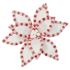 POINSETTIA HEAD RED/WHITE 12.5″ VELVET W/ CLIP
