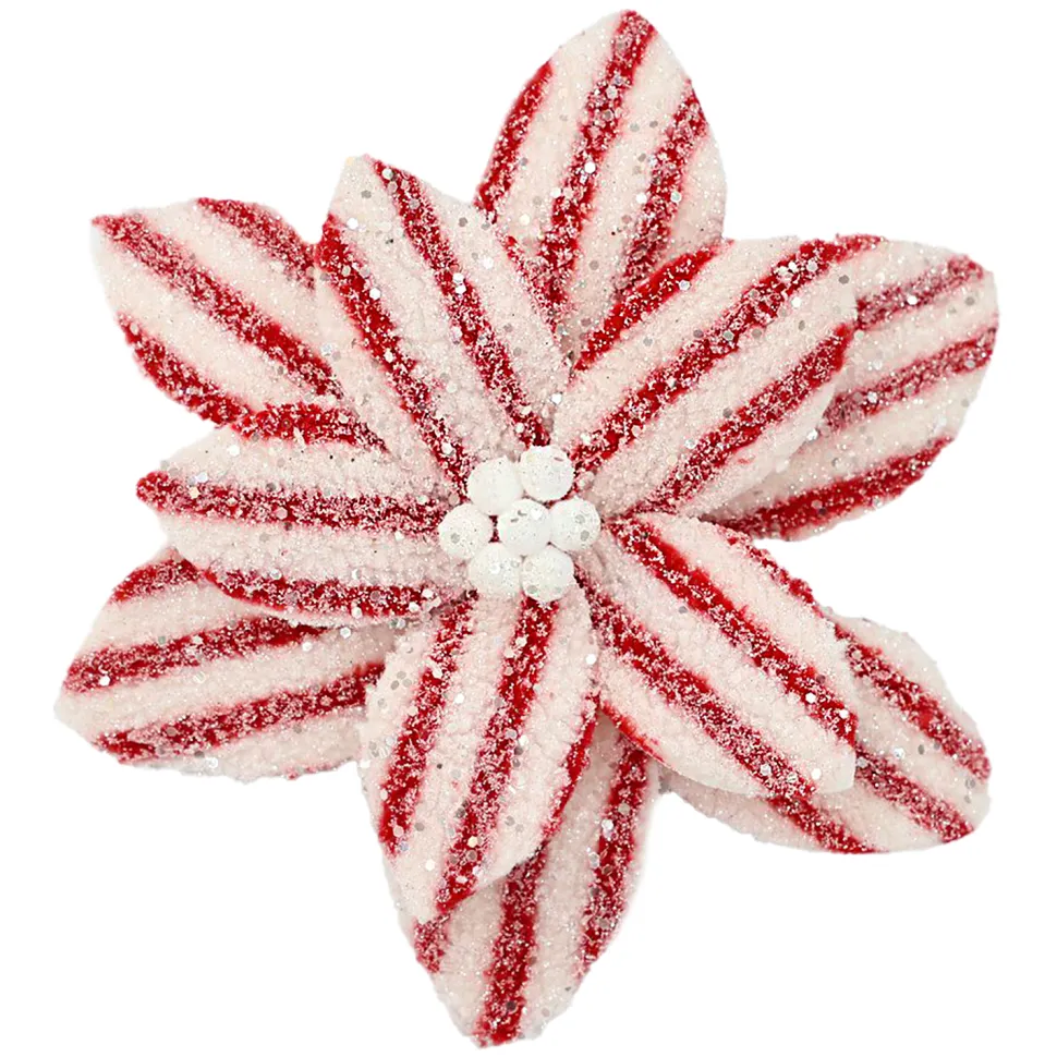 POINSETTIA HEAD RED/WHITE 10.5″ WOOL RED STRIPES W/ CLIP