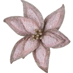 POINSETTIA HEAD ROSE GOLD 11″ FLOCKED W/ SEQUINS BORDER & CLIP