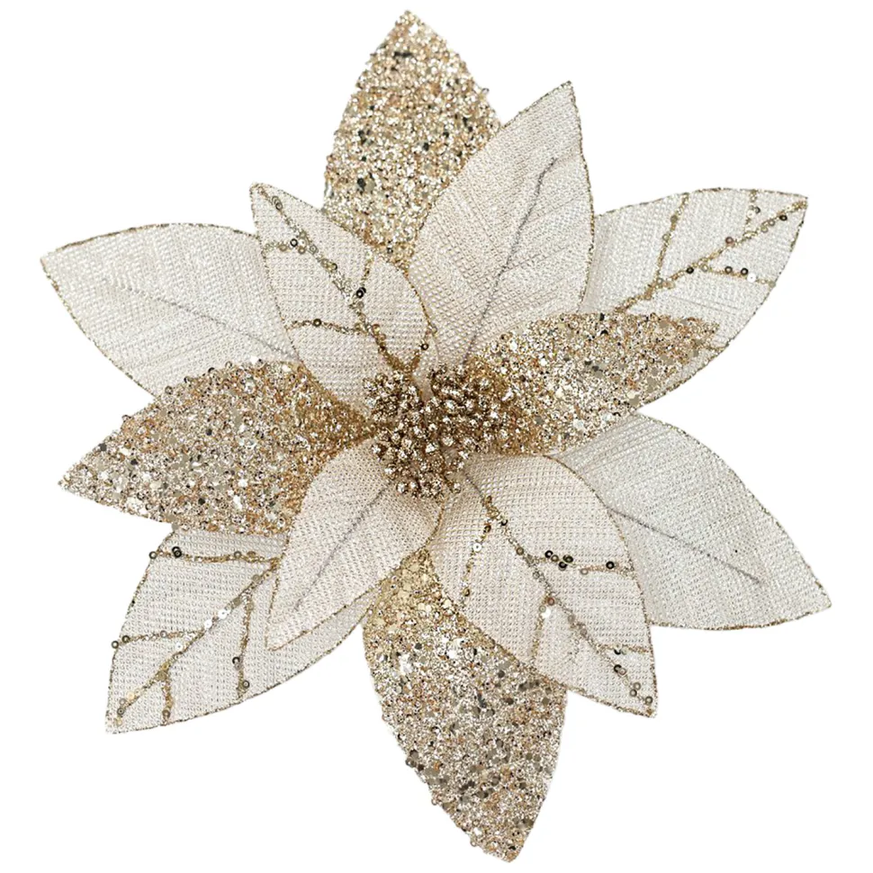 POINSETTIA HEAD ROSE GOLD 12″ GLITTER METALLIC W/ CLIP