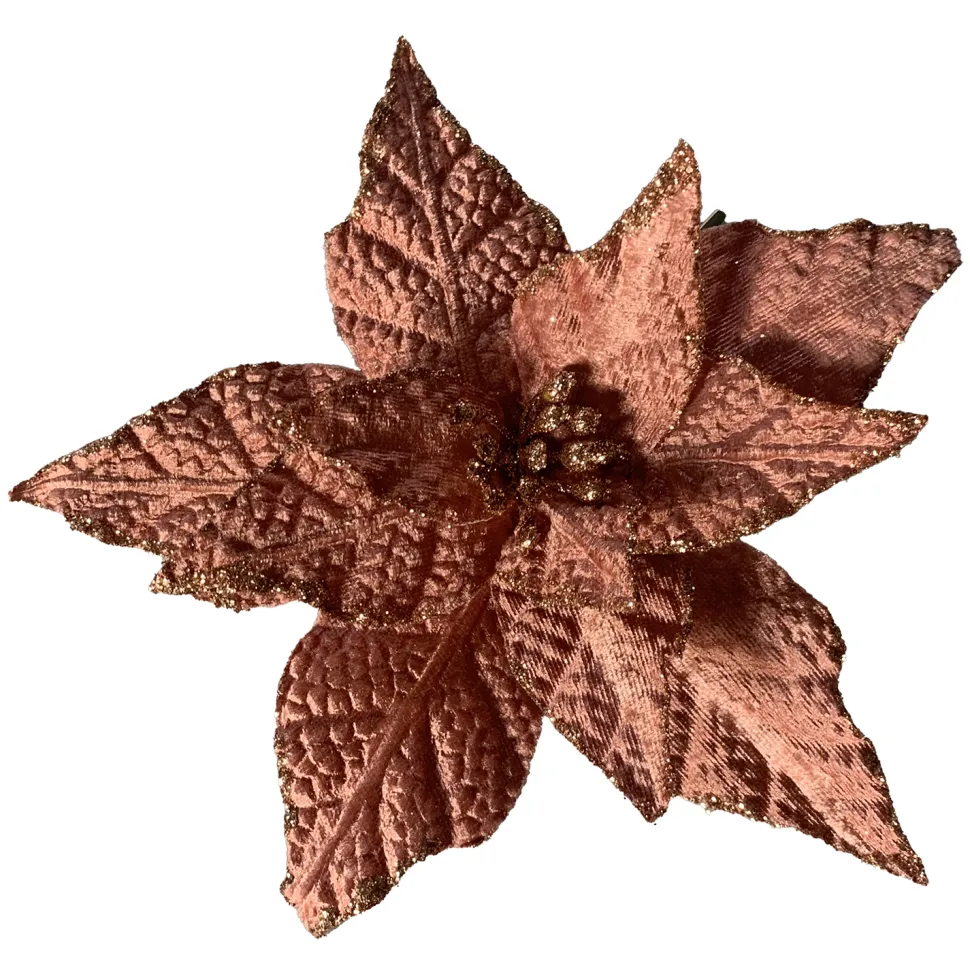 POINSETTIA HEAD ROSE GOLD 7.5″ VELVET W/ GLITTER EDGE & CLIP