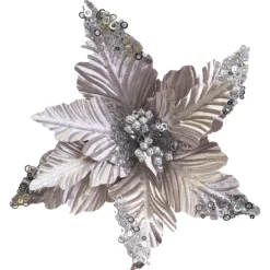 POINSETTIA HEAD SILVER 10″ EMBOSSED VELVET W/SEQUIN TIPS & CLIP