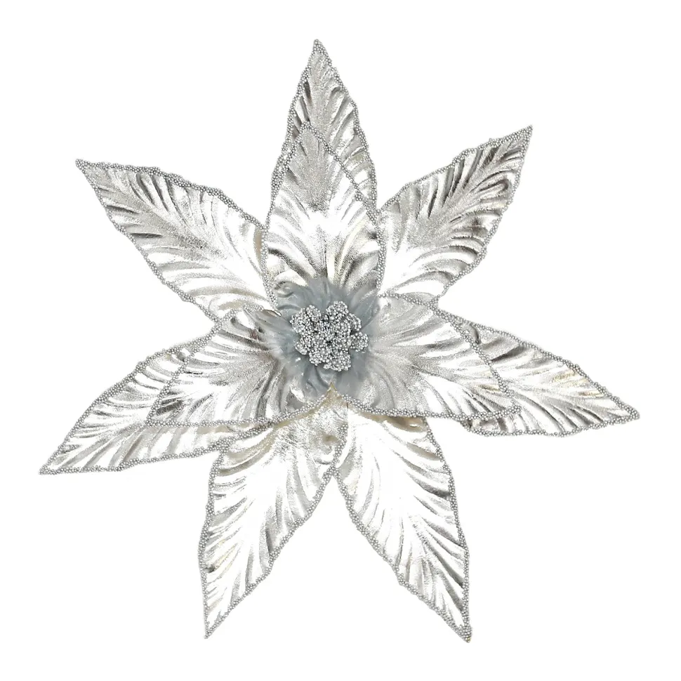 POINSETTIA HEAD SILVER 12″ METALLIC W/GLTR. & CLIP