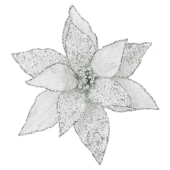 POINSETTIA HEAD SILVER 11.5″ METALLIC ICED W/ CLIP