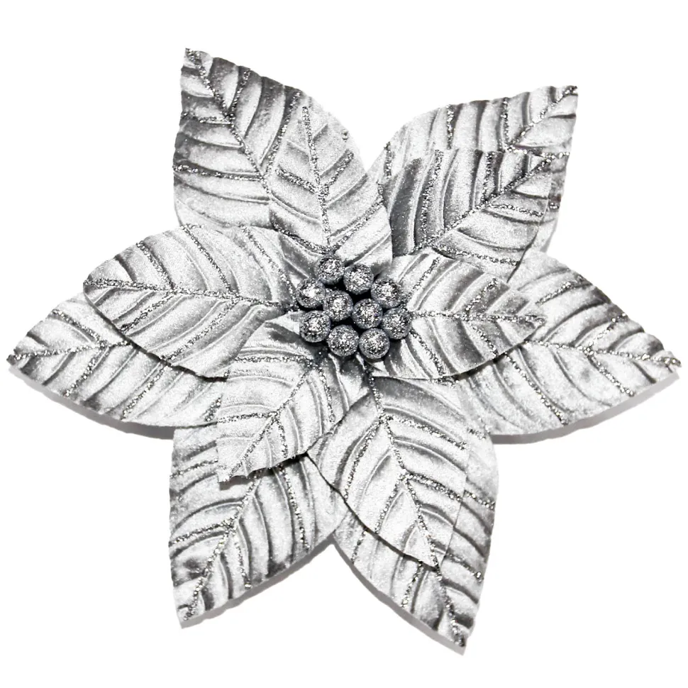 POINSETTIA HEAD SILVER 13″ W/ GLITTER W/ CLIP