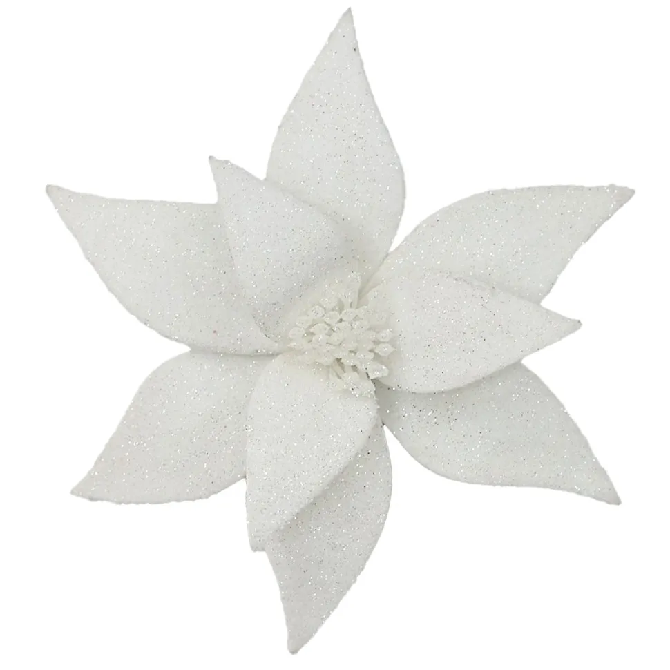 POINSETTIA HEAD WHITE 11.5″ FROSTED WOOL W/ CLIP