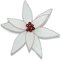 POINSETTIA HEAD WHITE 12″ GLITTER W/ RED/WHITE EDGE W/ CLIP