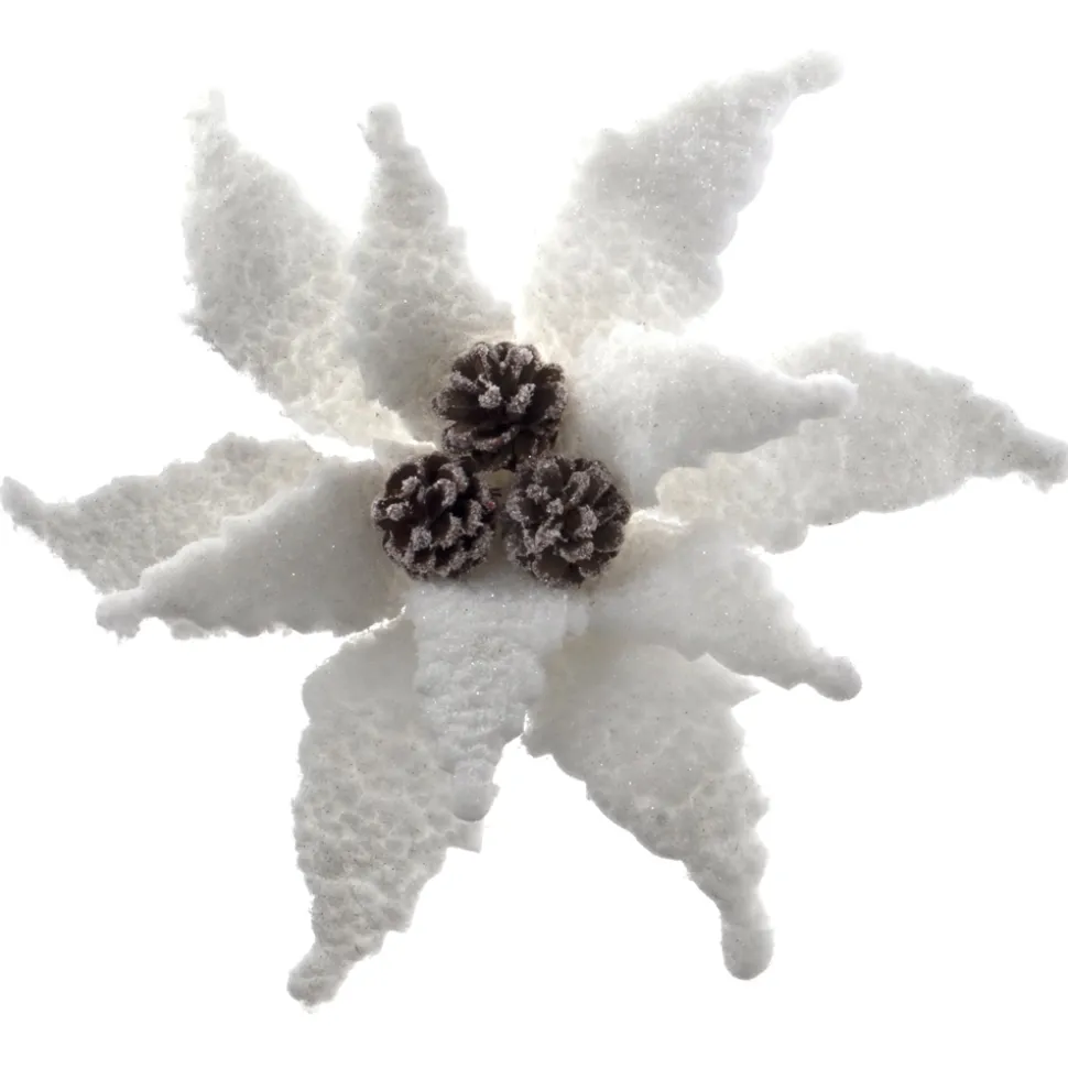 POINSETTIA HEAD WHITE 11″ PLUSH FABRIC FROSTED W/ CONES & CLIP