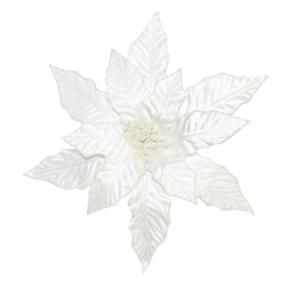 POINSETTIA HEAD WHITE 12″ VELVET W/ GLITTER & CLIP