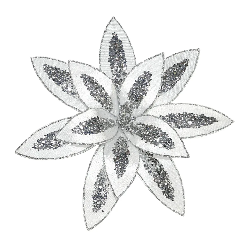 POINSETTIA HEAD WHITE 13″ VELVET W/ SILVER GLTR. & CLIP
