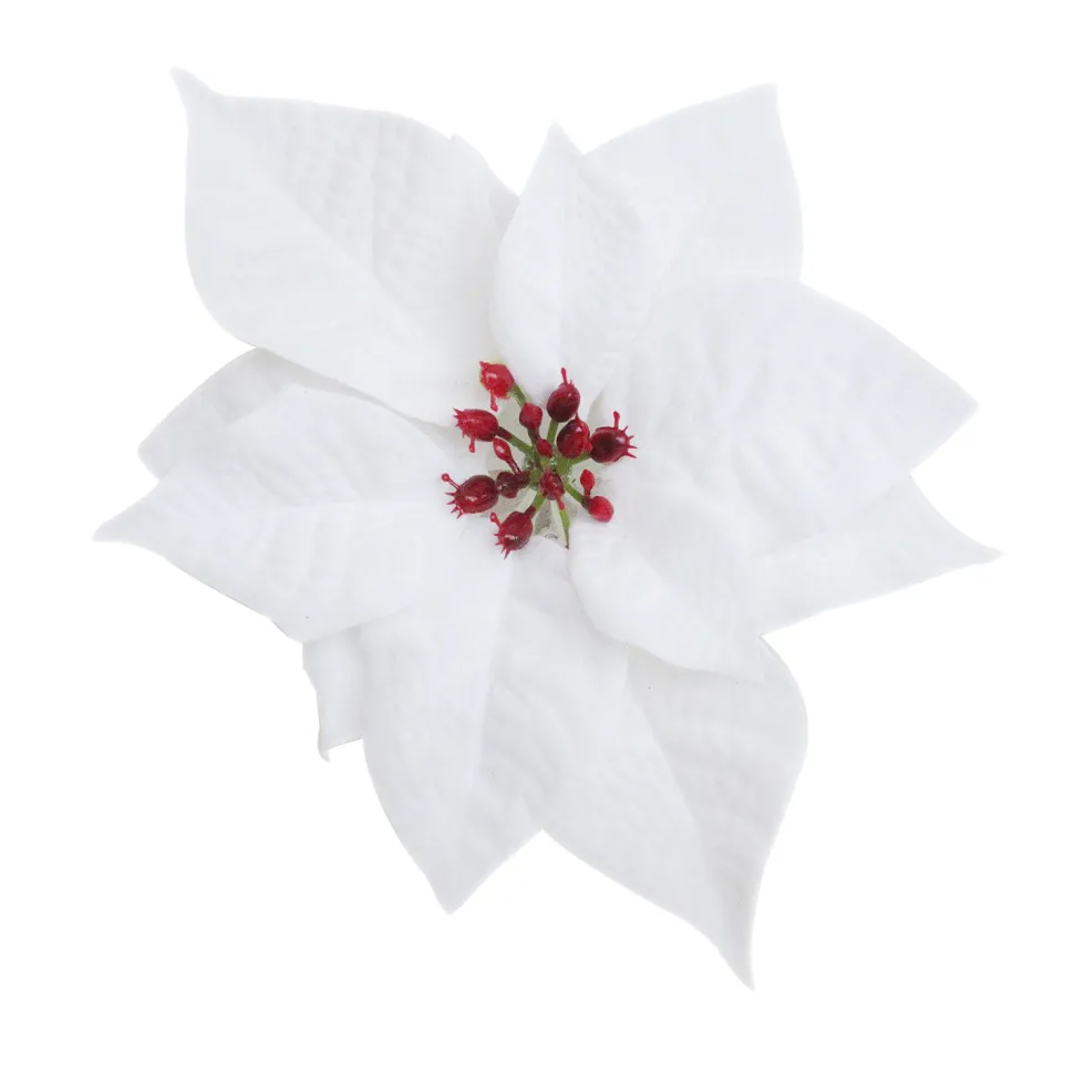 POINSETTIA HEAD WHITE 6.5″ VELVET W/CLIP