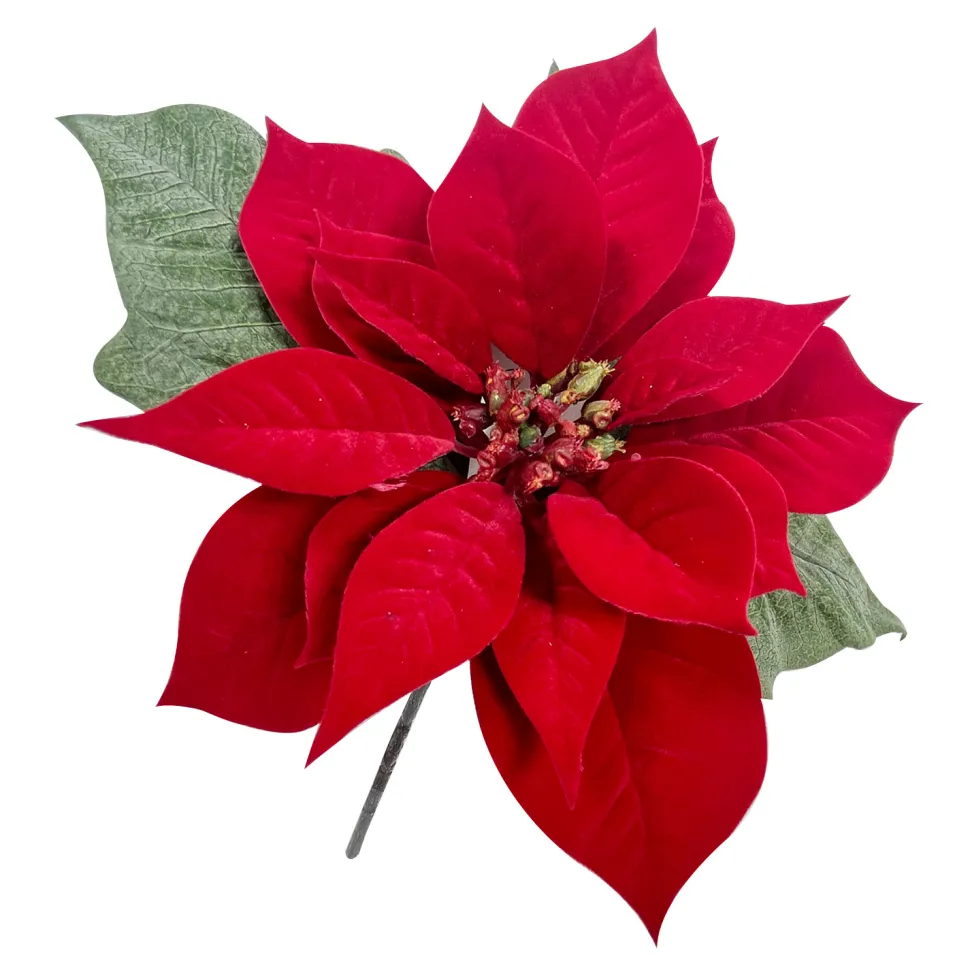 POINSETTIA STEM RED 12″ DELUXE VELVET W/ 12″ STEM