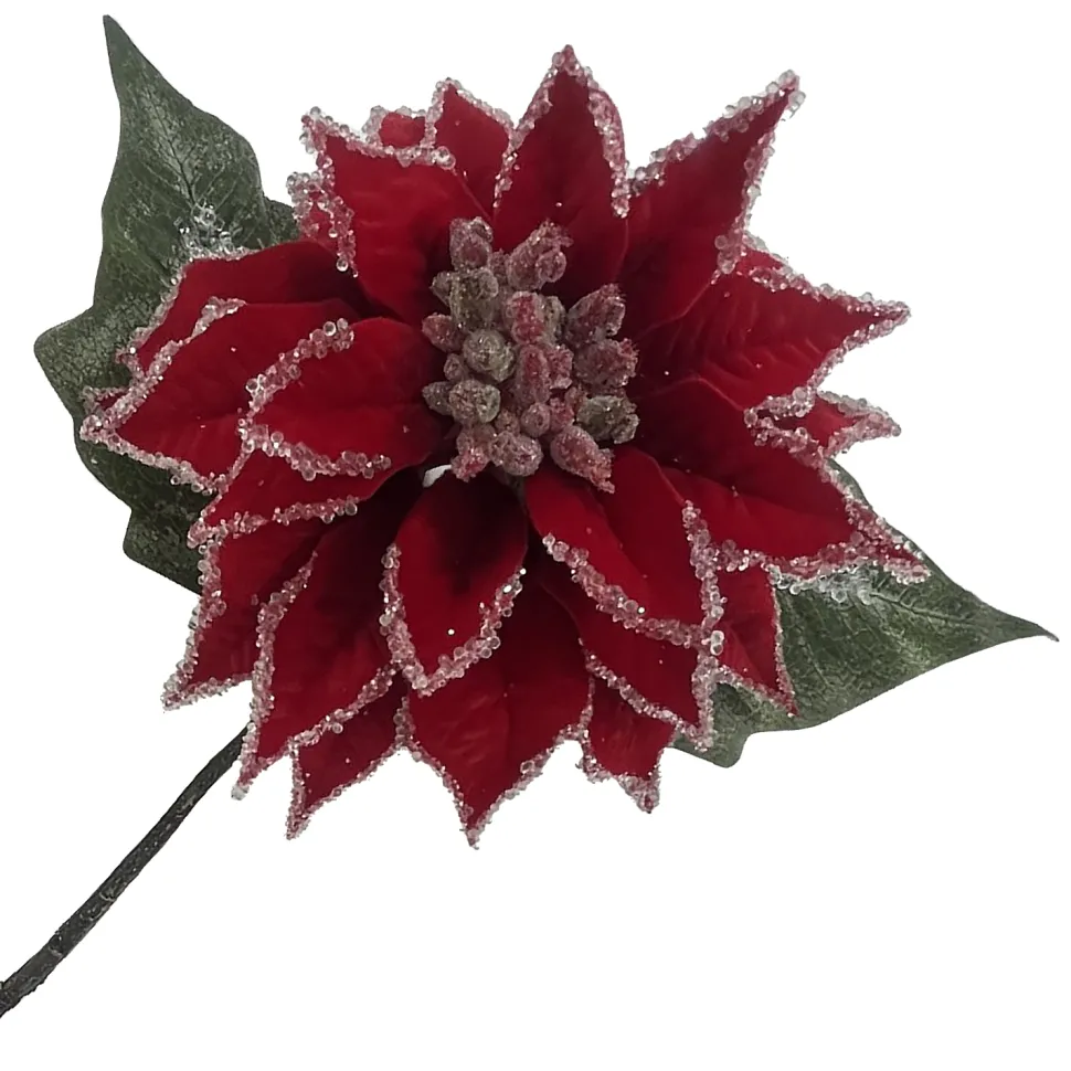 POINSETTIA STEM RED ICED 12″ DLC VELVET HEAD W/24″ STEM