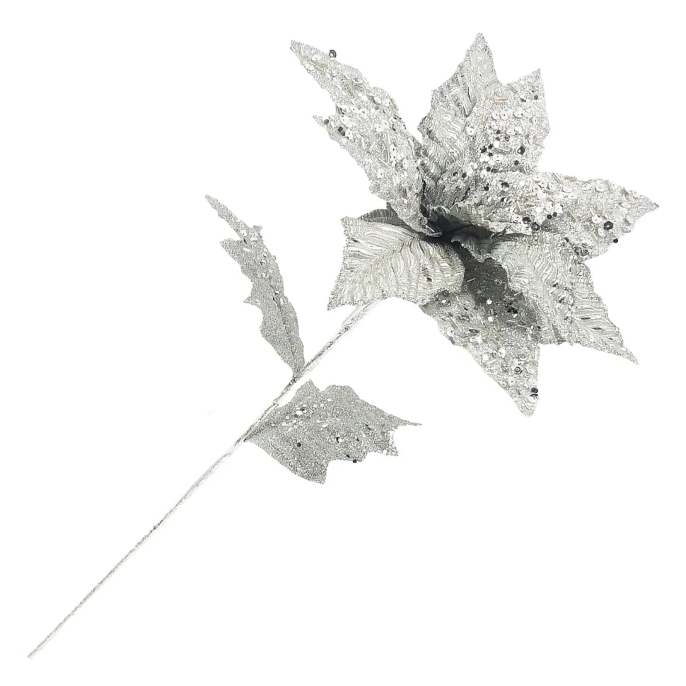 POINSETTIA STEM SILVER 10.5″ VELVET HEAD W/GLITTER 24″ STEM