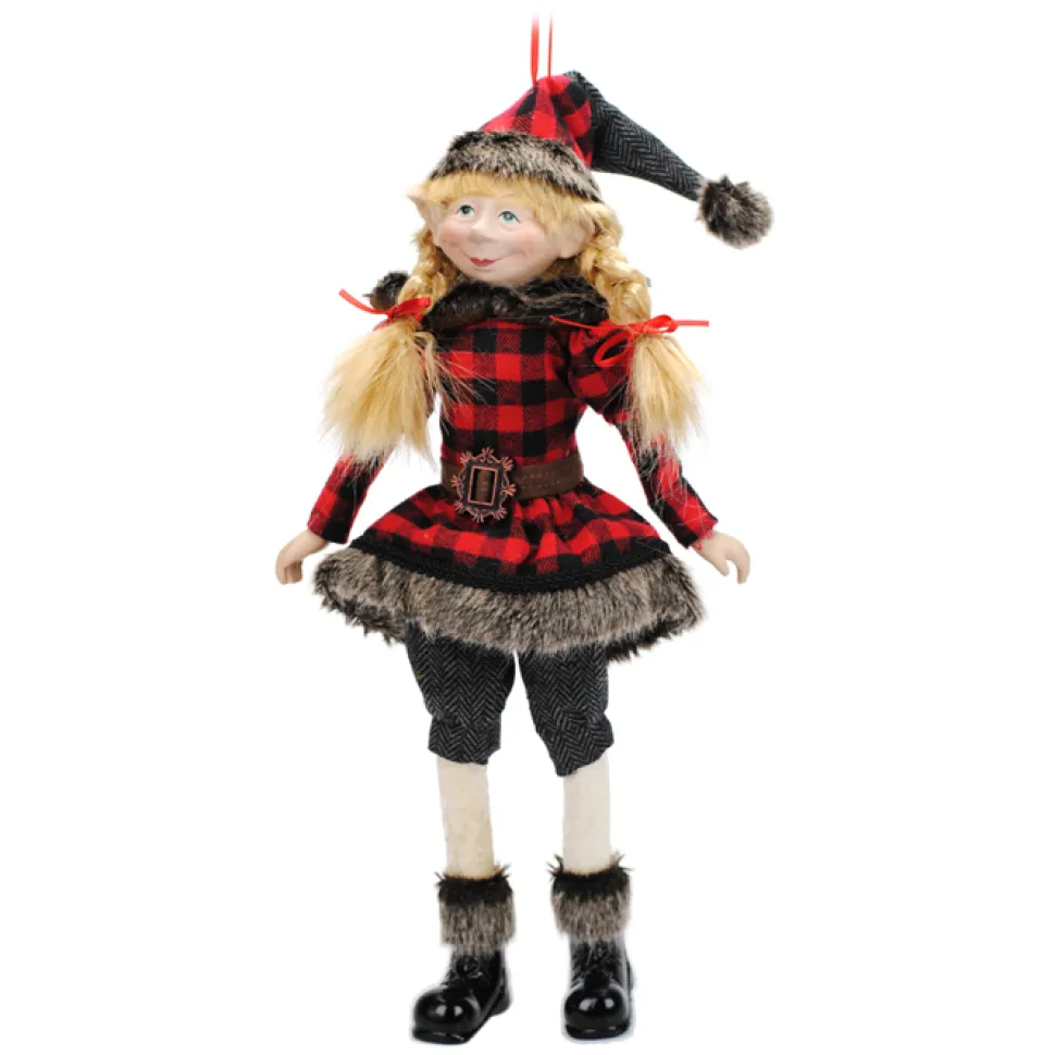 POSABLE ELF 18″ GIRL RED/ BLACK PLAID W/ FUR TRIM