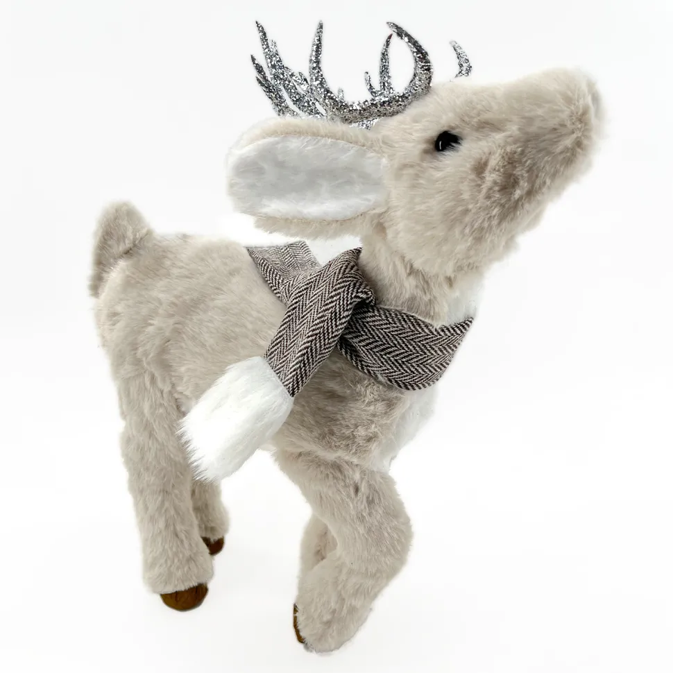 REINDEER BEIGE STANDING 14″ FUR W/ BROWN SCARF