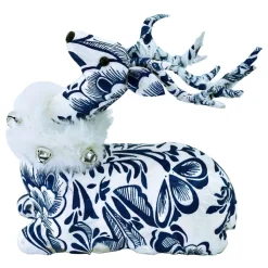 REINDEER BLUE/ WHITE SITTING 18″ FABRIC W/ FUR SCARF