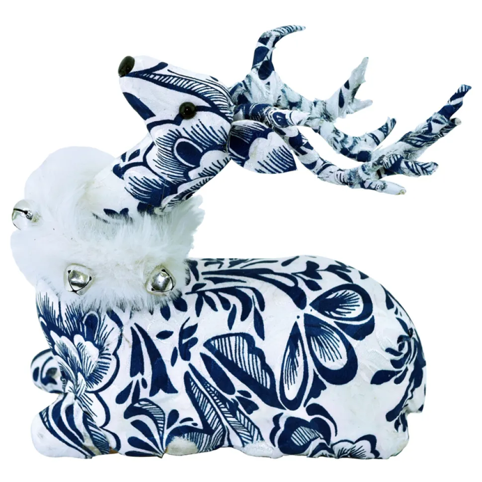 REINDEER BLUE/ WHITE SITTING 18″ FABRIC W/ FUR SCARF