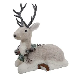 REINDEER GRAY SITTING 12″X14″ FABRIC/GRASS W/ FROSTED WREATH